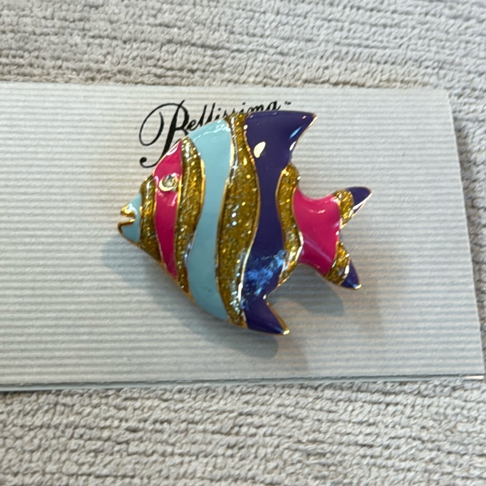 Vintage 80s Angelfish Brooch Pin Gold Tone Blue Green Enamel Rhinestone …